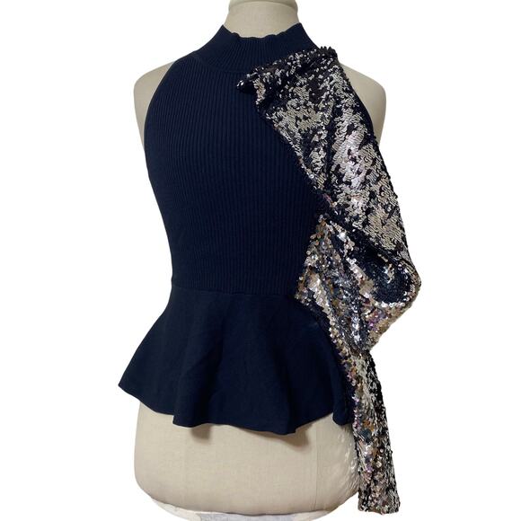 New York & Co 7th Avenue Design Studio Black High Neck Sequined Ruffle Glam Sz S - Picture 1 of 5